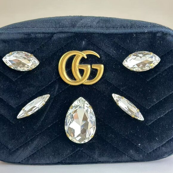 Gucci Black Velvet Diamond Small Marmont Shoulder Bag Crossbody - Picture 6 of 8